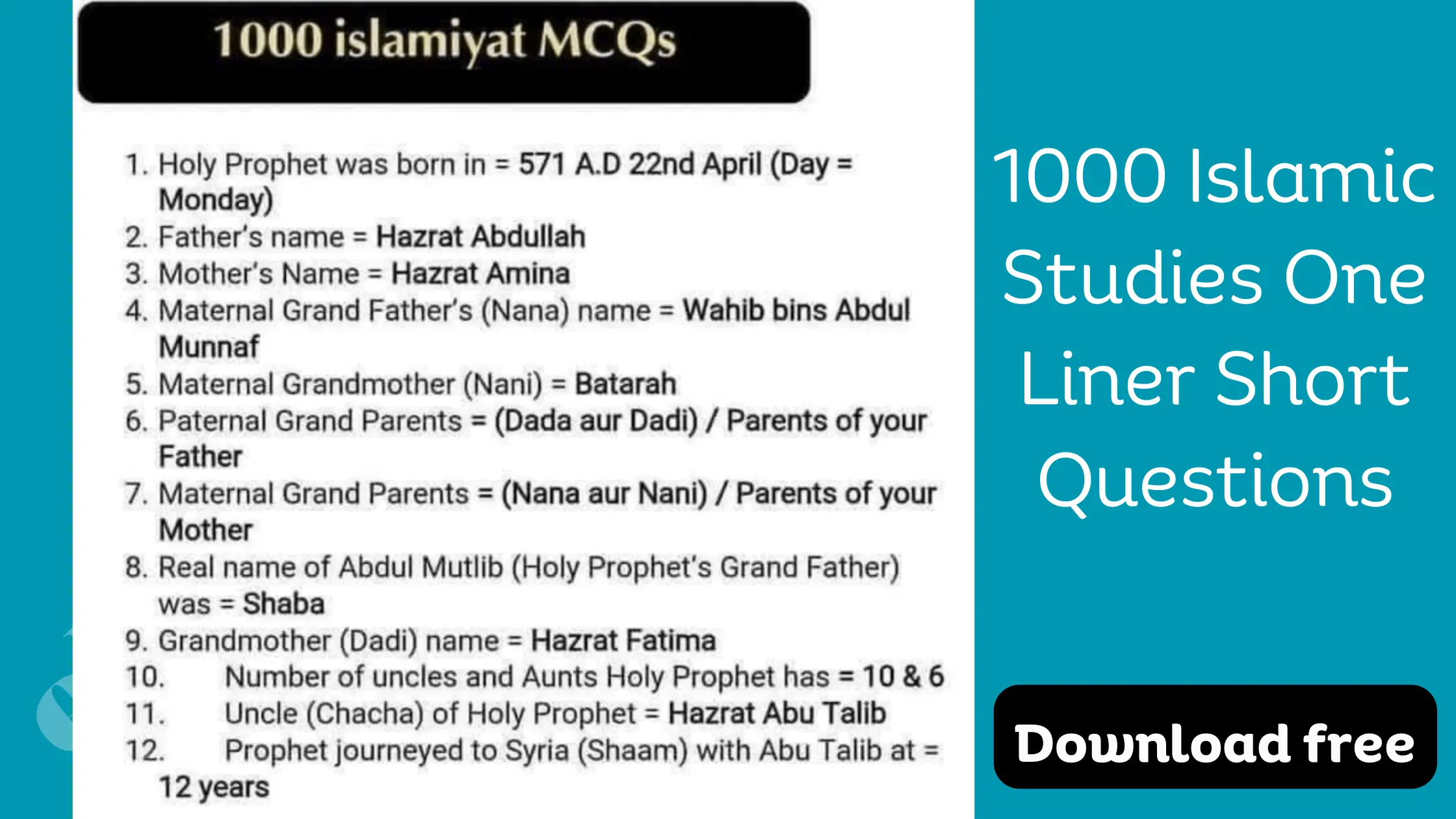 1000 Islamic Studies One Liner Short Questions