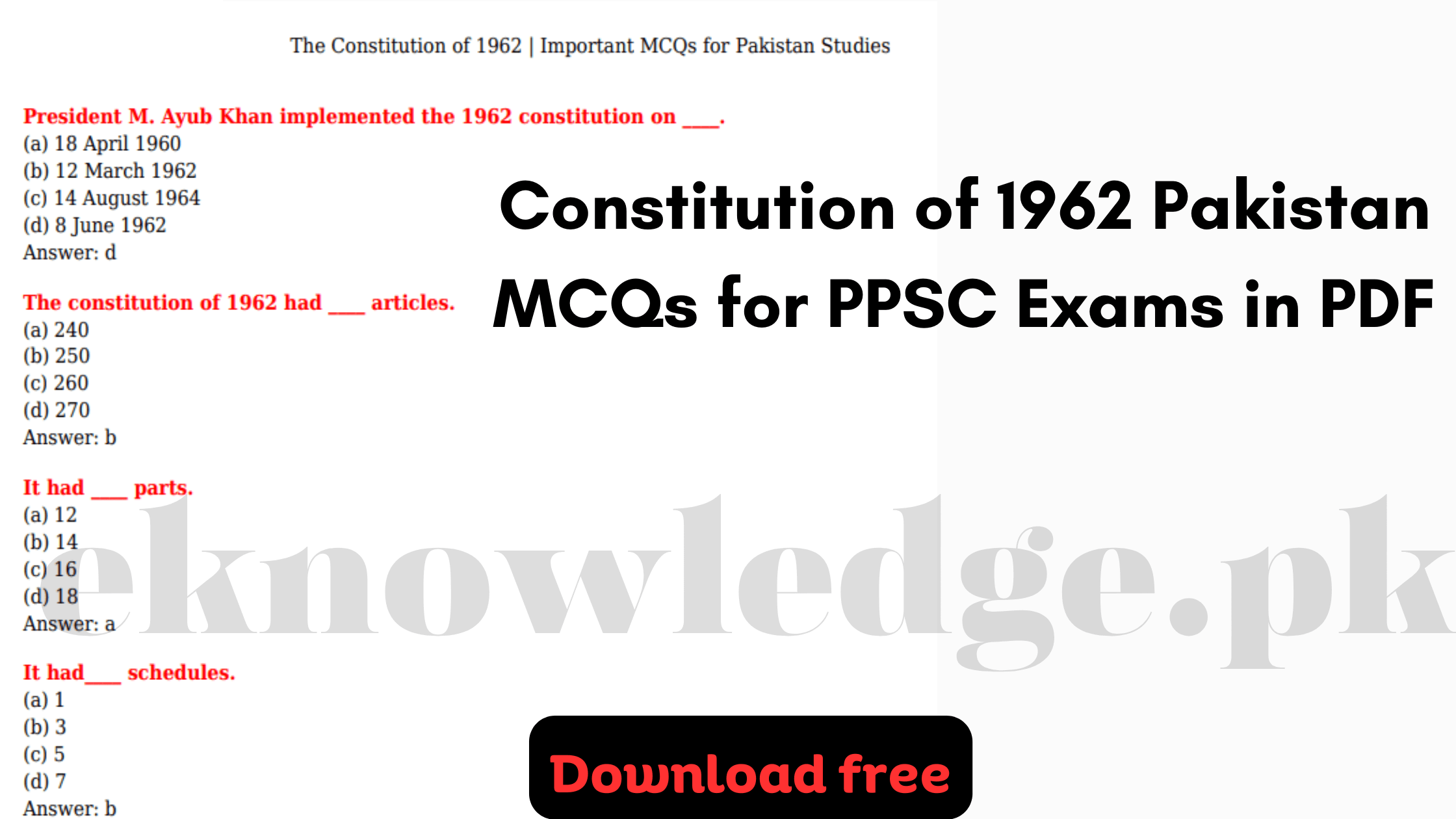 Constitution of 1962 Pakistan MCQs for PPSC Exams in PDF
