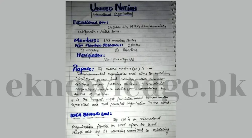 Handwritten Short Note on United Nations (UNO) in PDF