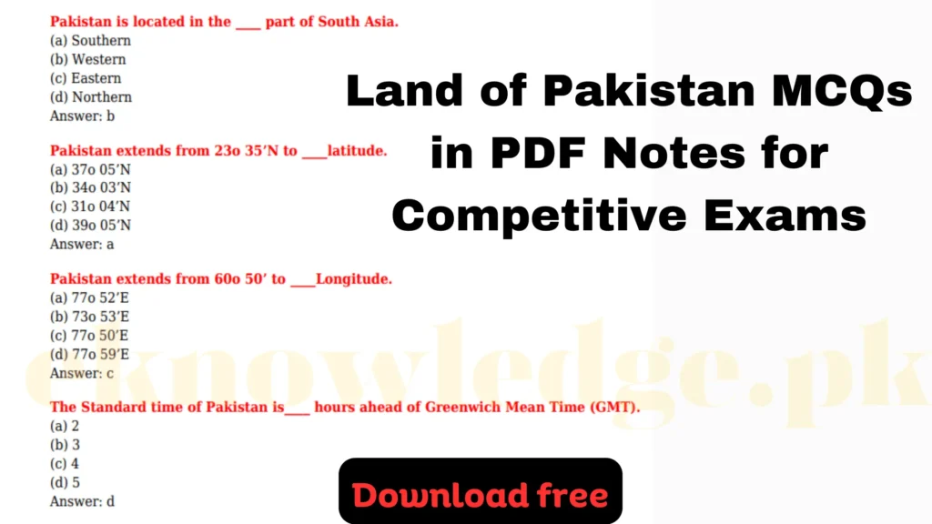 Land of Pakistan MCQs in PDF Notes