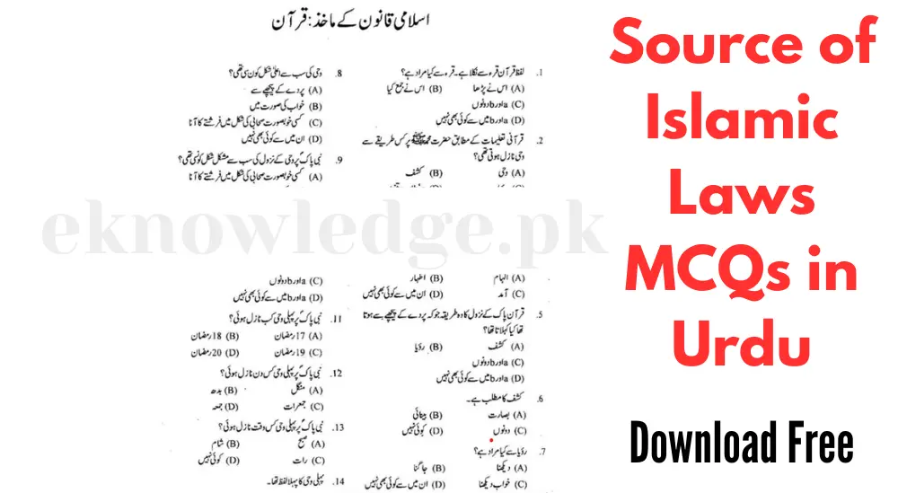 Source of Islamic Laws MCQs in Urdu